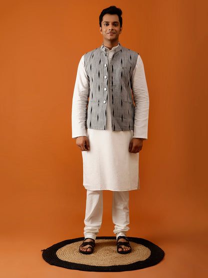 Black Ikat-Inspired Print Nehru Reversible-Jacket