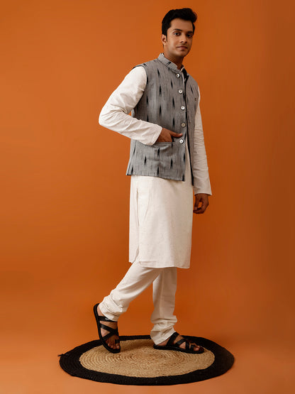 Black Ikat-Inspired Print Nehru Reversible-Jacket