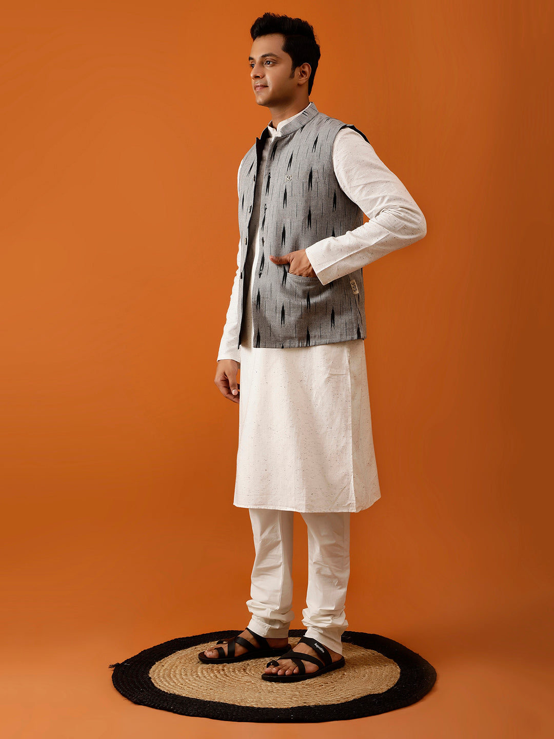 Black Ikat-Inspired Print Nehru Reversible-Jacket