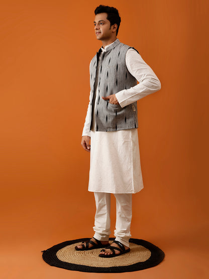 Black Ikat-Inspired Print Nehru Reversible-Jacket