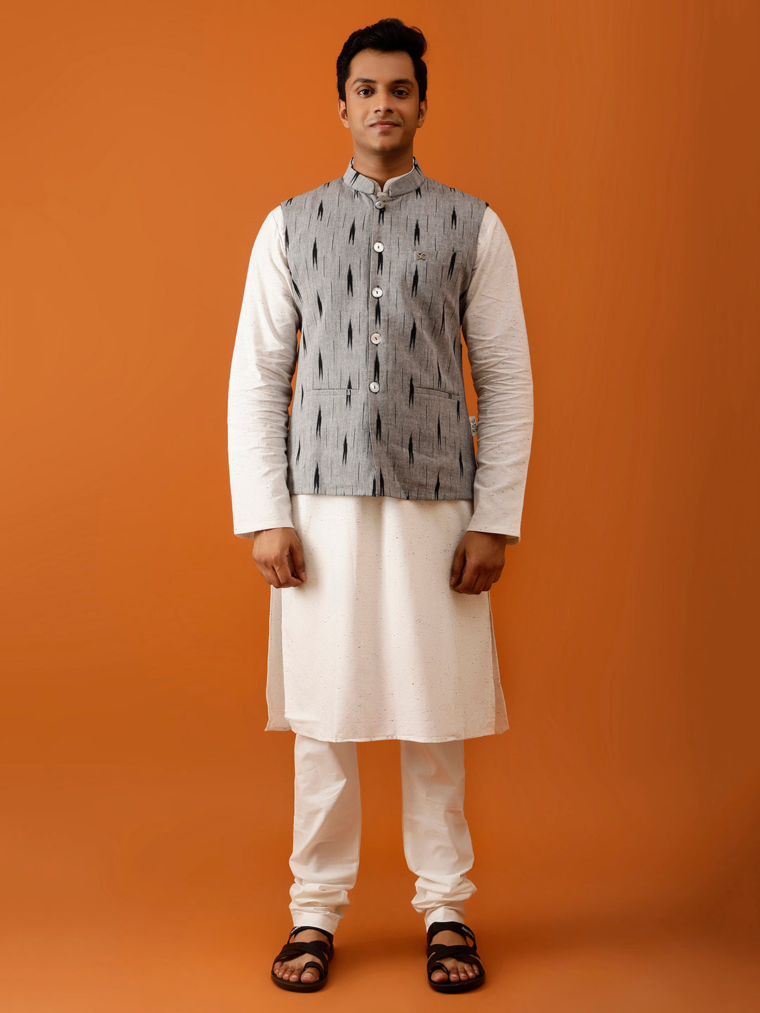 Black Ikat-Inspired Print Nehru Reversible-Jacket