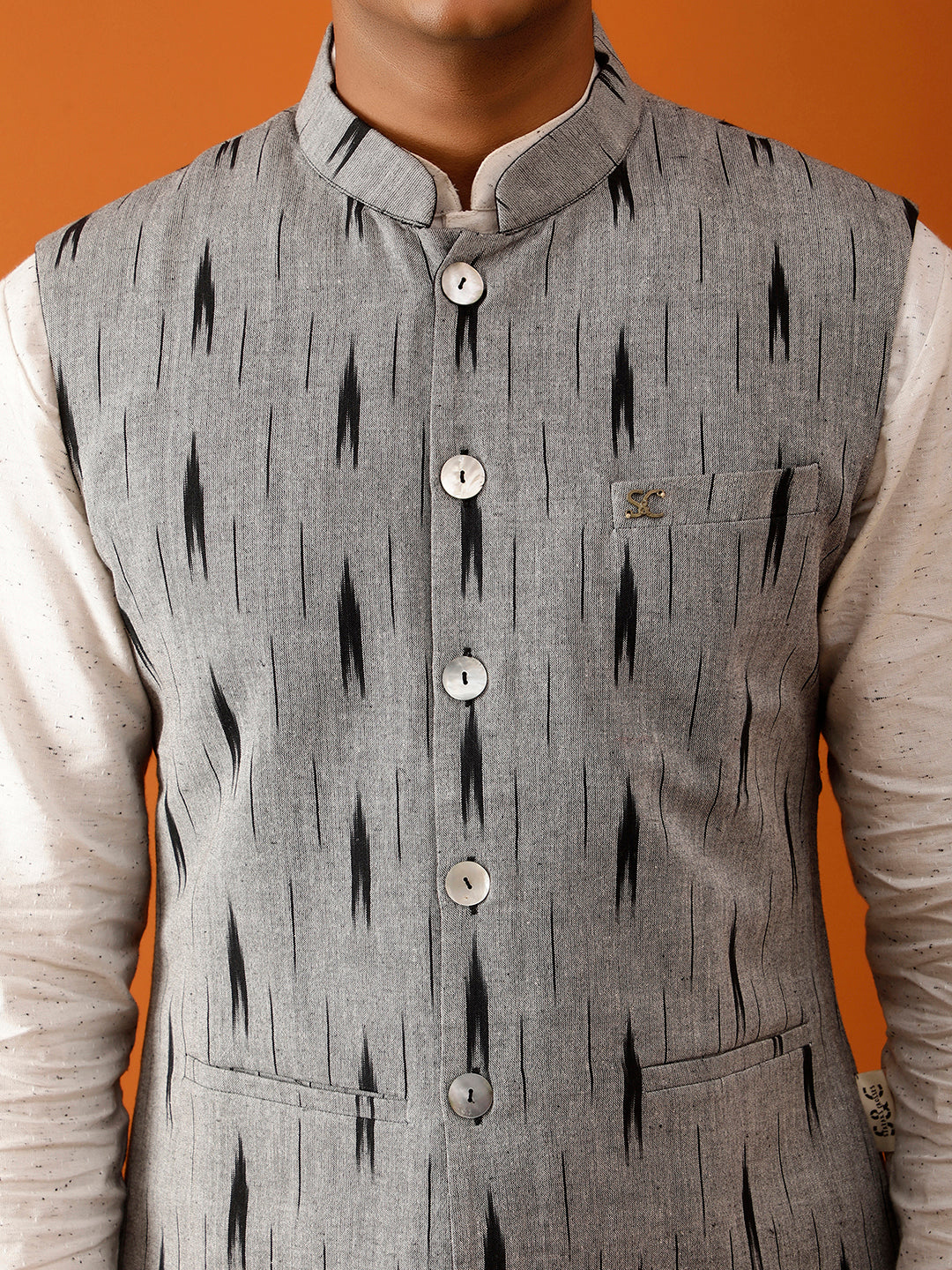 Black Ikat-Inspired Print Nehru Reversible-Jacket