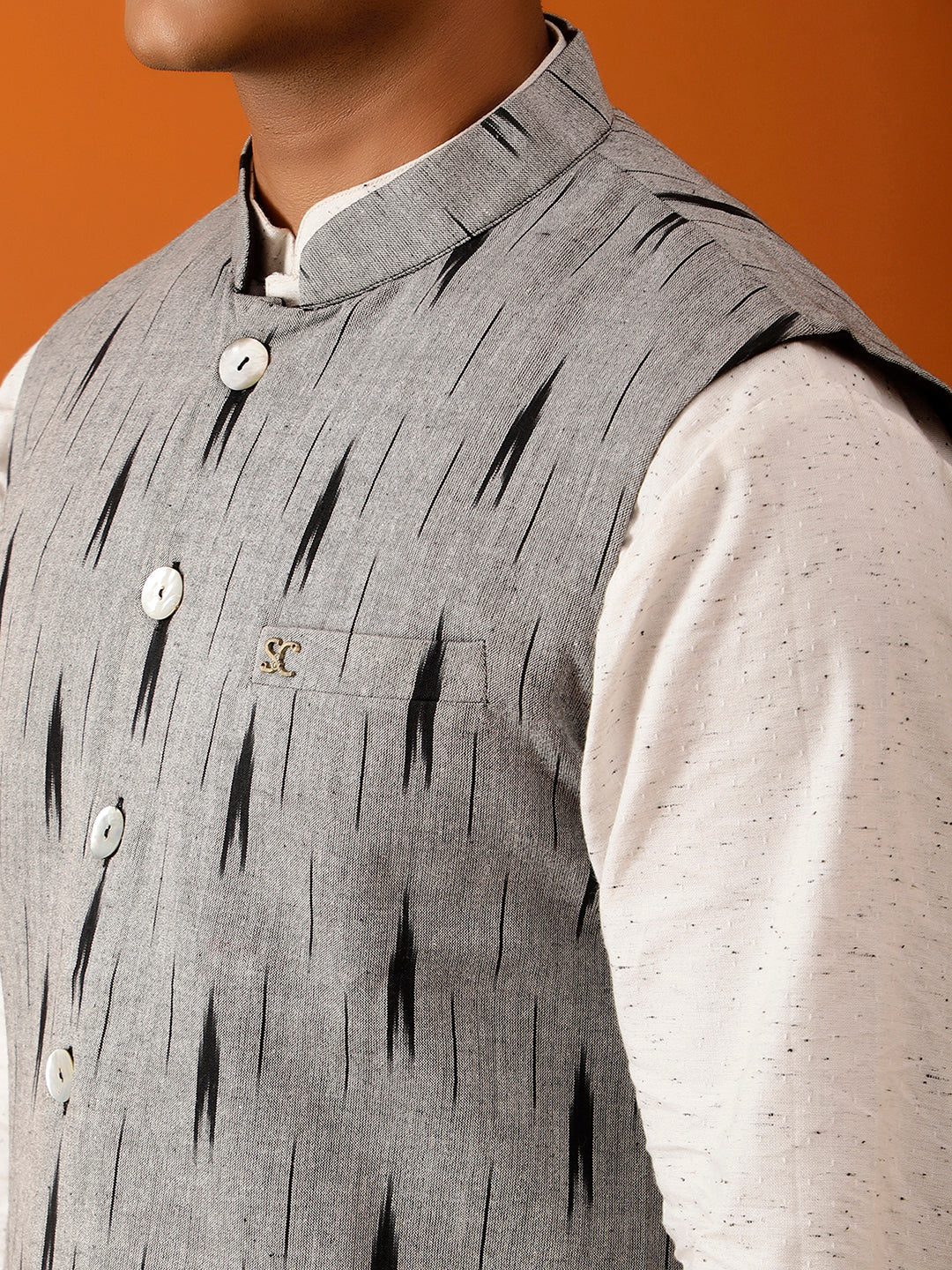 Black Ikat-Inspired Print Nehru Reversible-Jacket