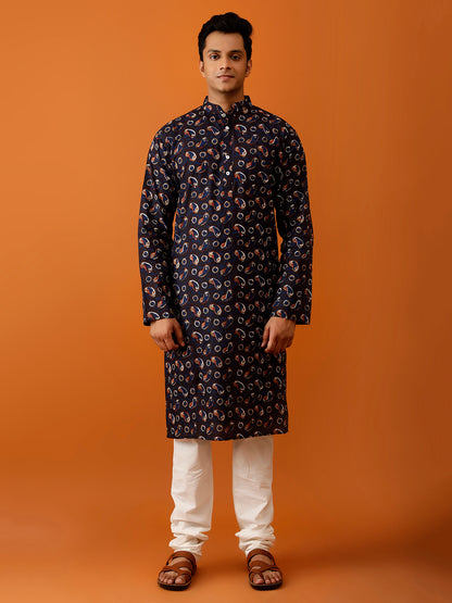 Long Kurta Chudidar Navy Blue Printed