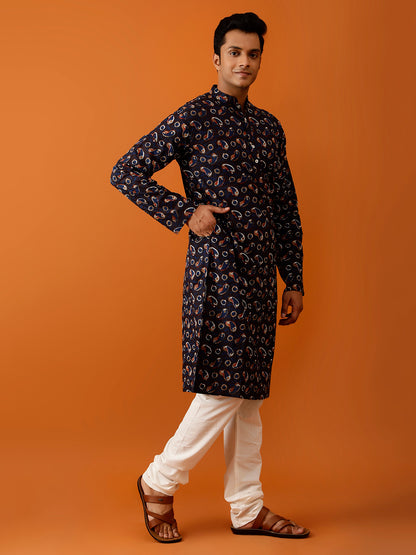 Long Kurta Chudidar Navy Blue Printed
