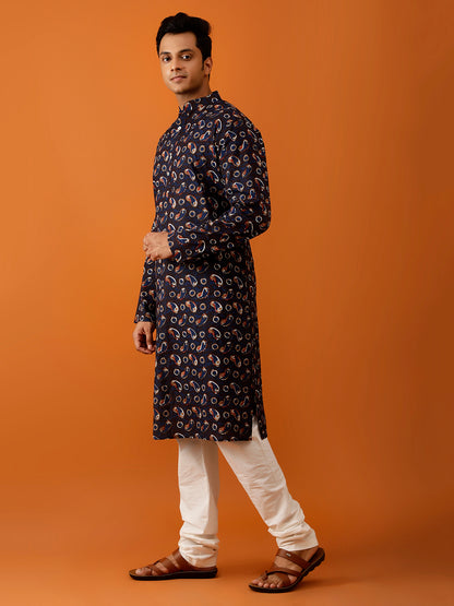 Long Kurta Chudidar Navy Blue Printed