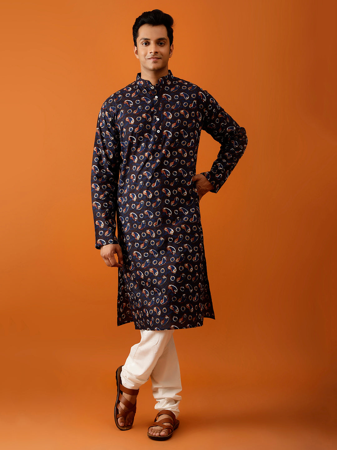 Long Kurta Chudidar Navy Blue Printed