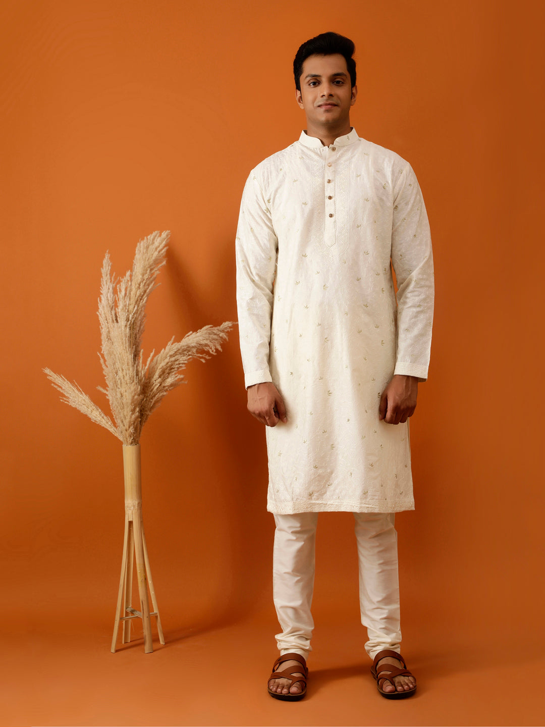 Long Kurta Chudidar Off-White Embroidered Kurta