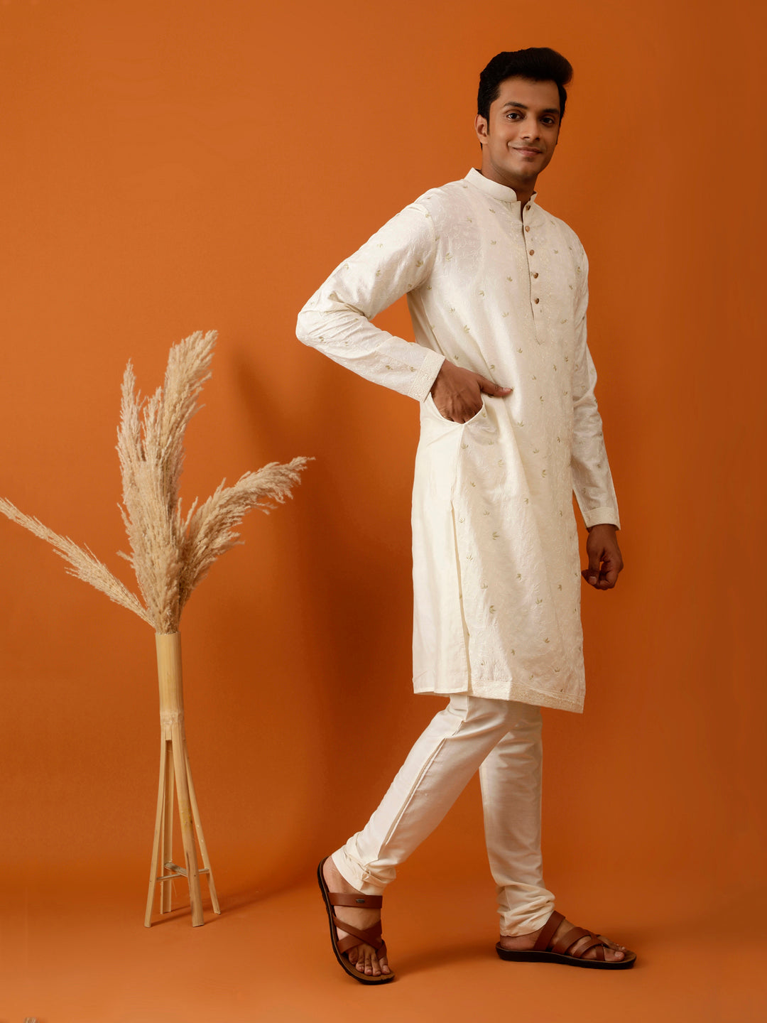 Long Kurta Chudidar Off-White Embroidered Kurta