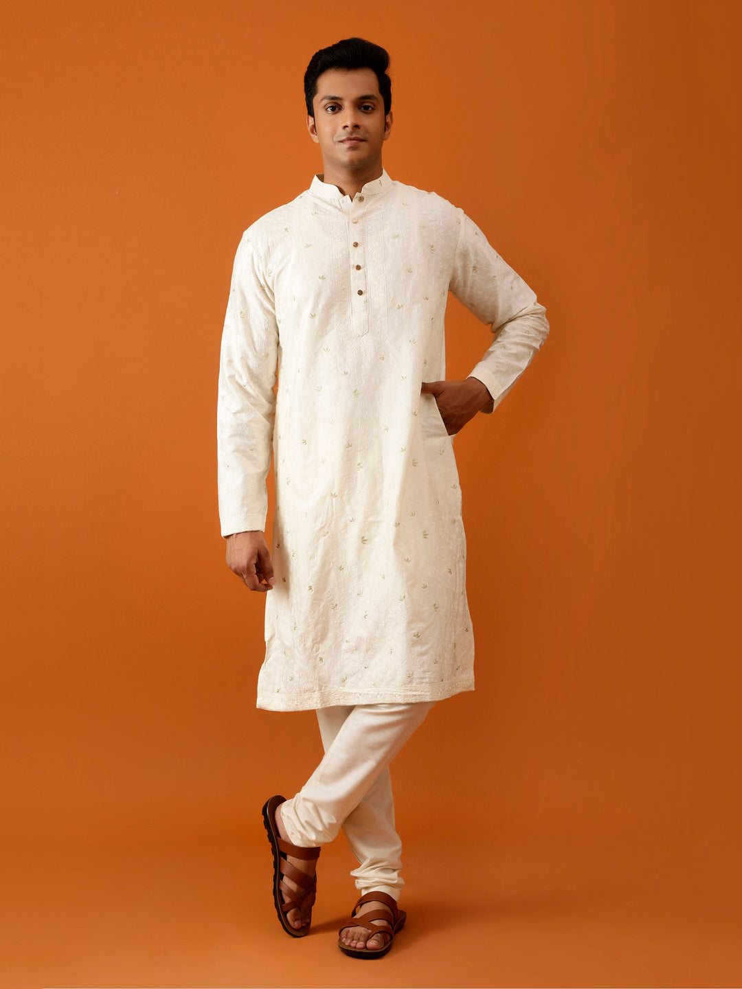 Long Kurta Chudidar Off-White Embroidered Kurta