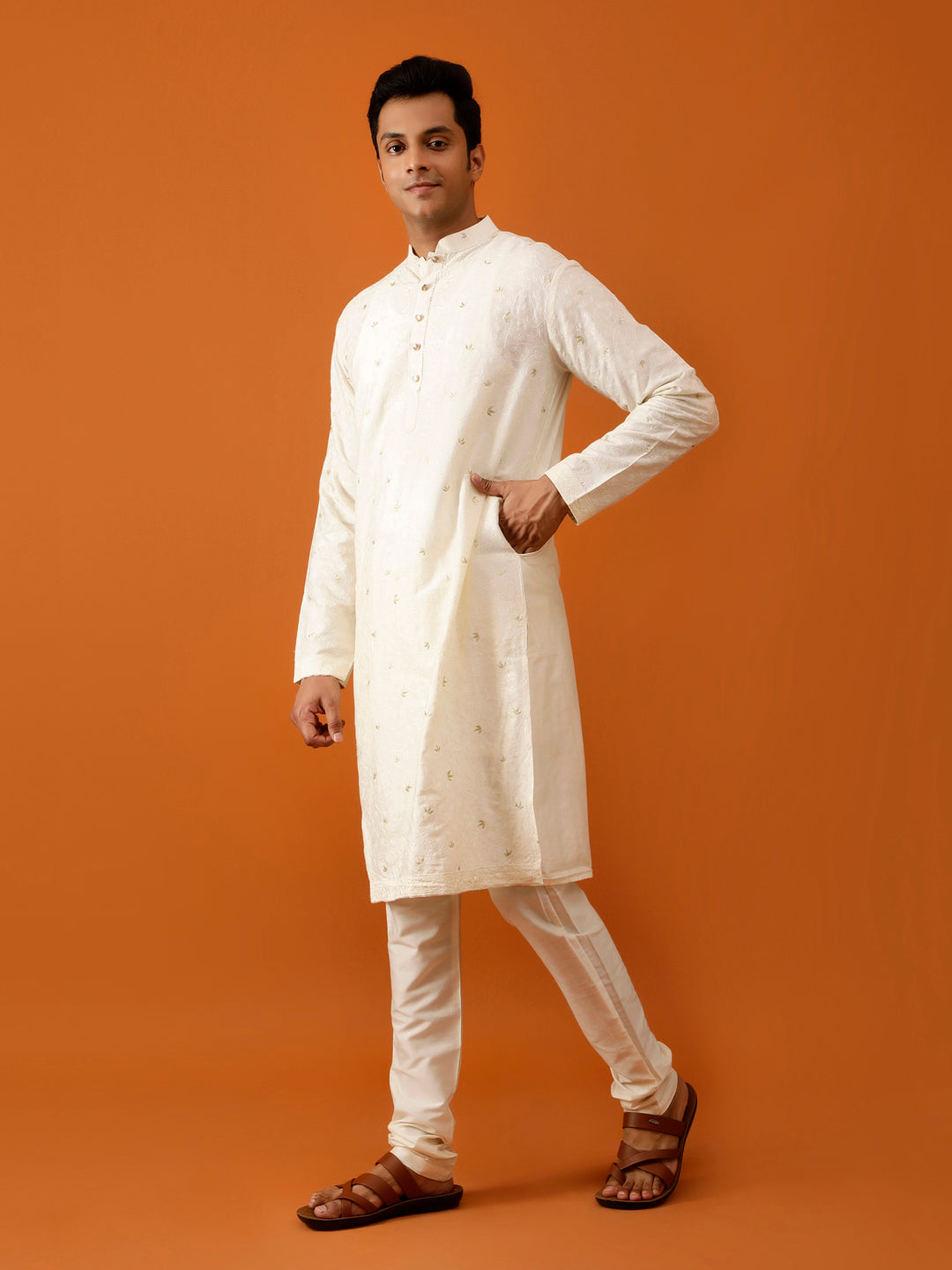 Long Kurta Chudidar Off-White Embroidered Kurta