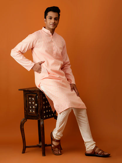 Long Kurta Chudidar Peach Embroidered Kurta