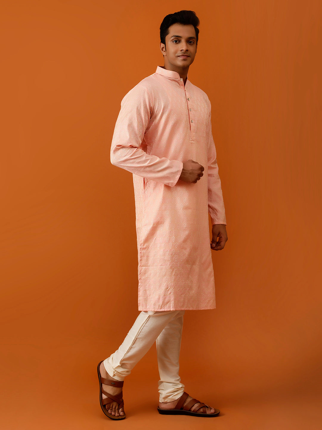 Long Kurta Chudidar Peach Embroidered Kurta
