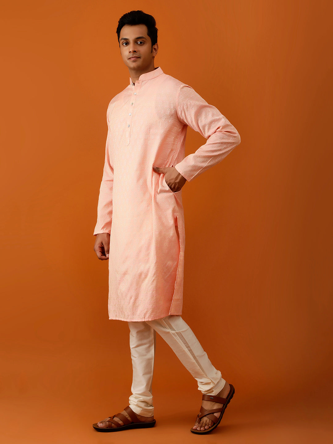 Long Kurta Chudidar Peach Embroidered Kurta
