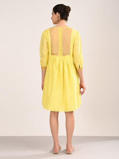 Yellow Silk Chanderi Knee-Length Dress with Embroidered Organza Yoke