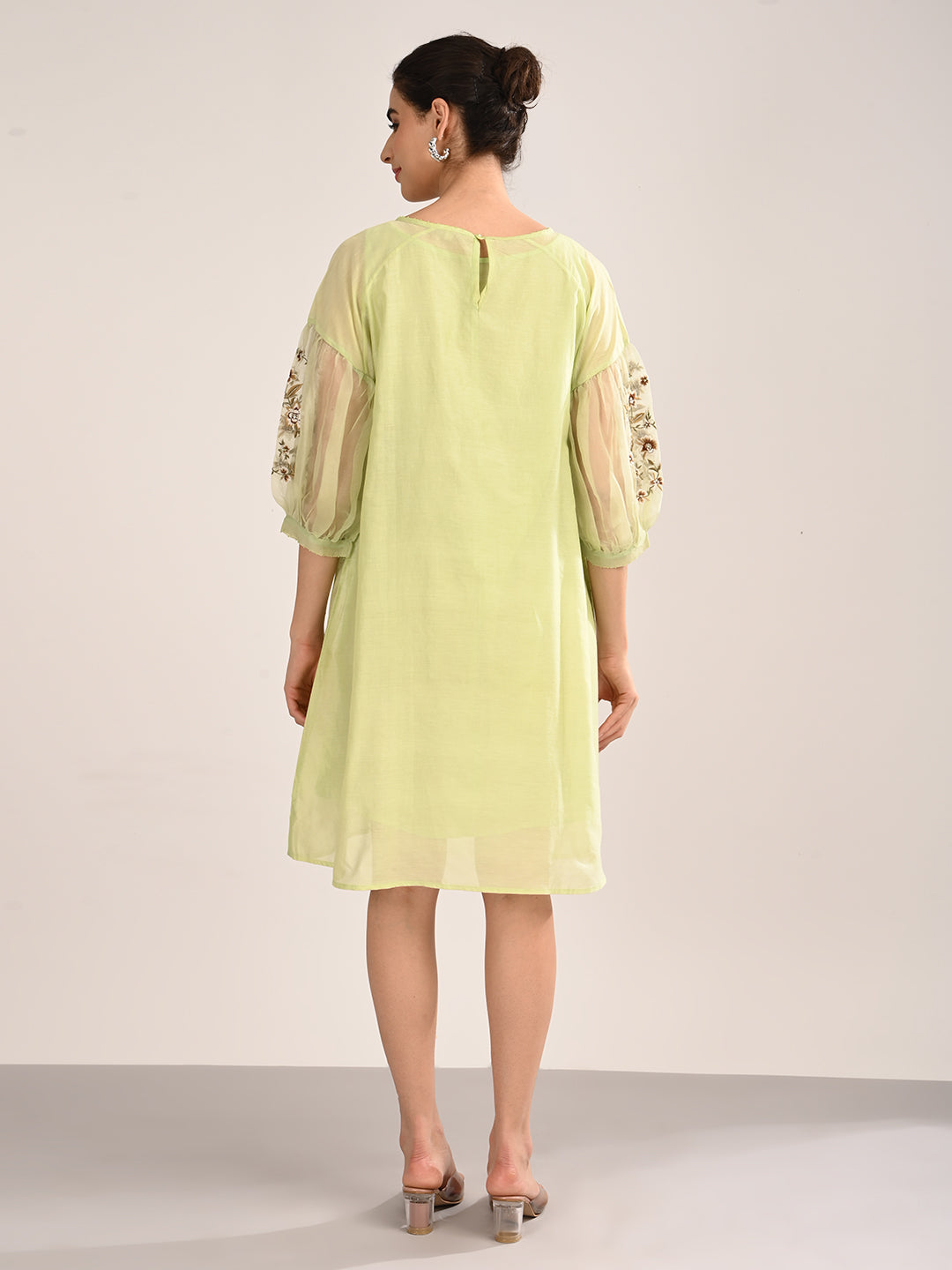 Green Silk Chanderi Dress with Hand-Embroidered Detailing