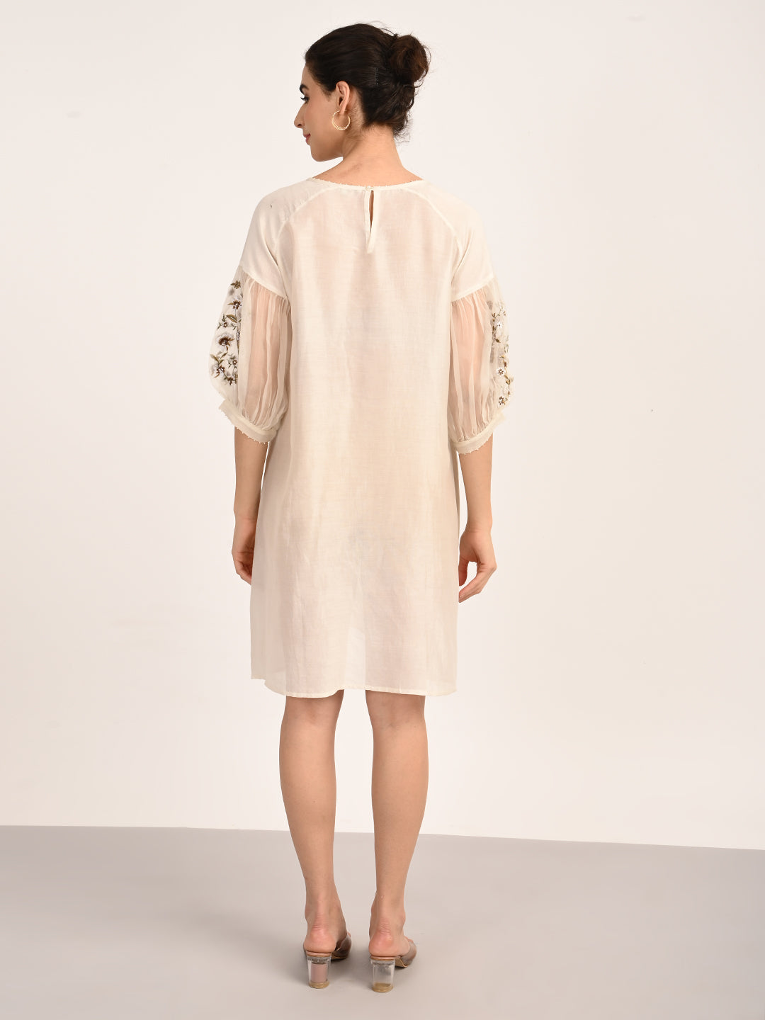 Ivory Silk Chanderi Dress with Hand-Embroidered Detailing
