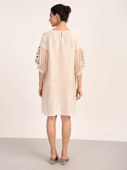 Ivory Silk Chanderi Dress with Hand-Embroidered Detailing