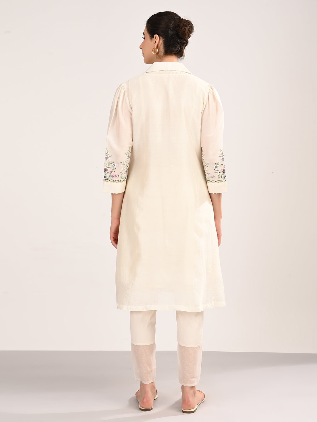 Ivory Silk Chanderi Tailored Shirt Dress with Handcrafted Chikankari Embroidery