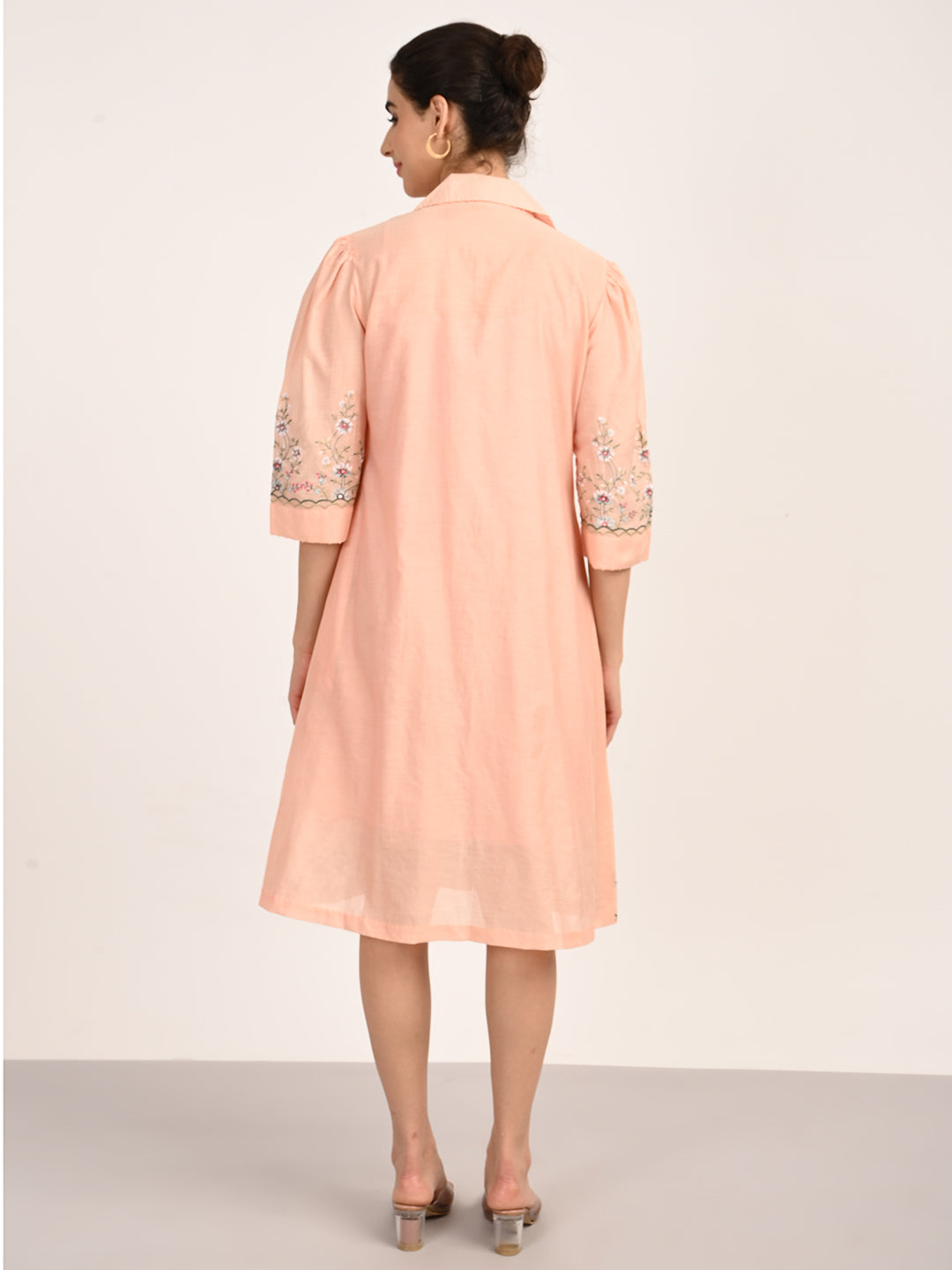 Peach Pink Silk Chanderi Tailored Shirt Dress with Handcrafted Chikankari Embroidery