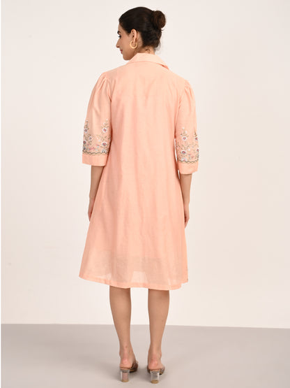 Peach Pink Silk Chanderi Tailored Shirt Dress with Handcrafted Chikankari Embroidery