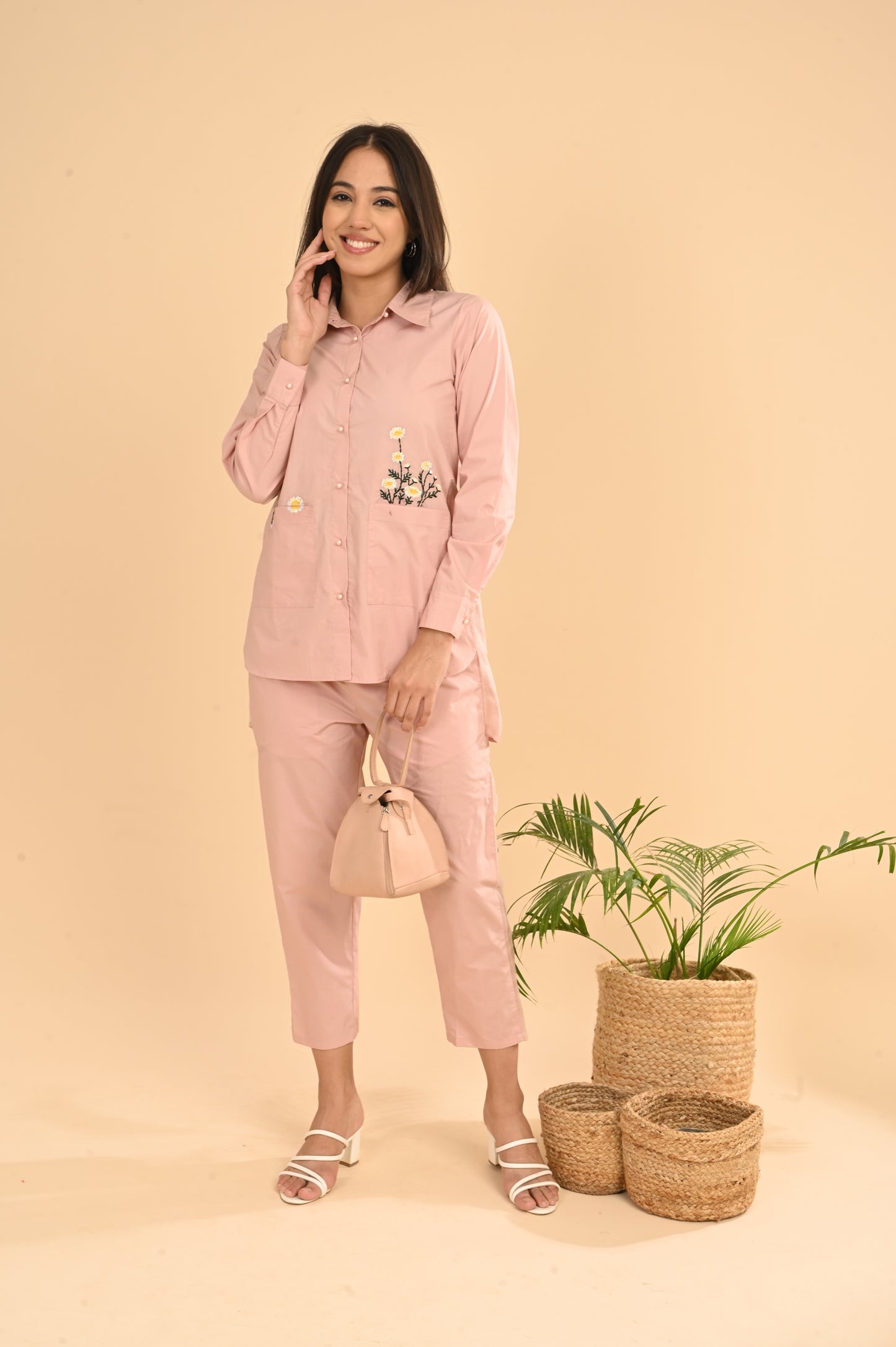 Cord Set In Pink Peach with Emb