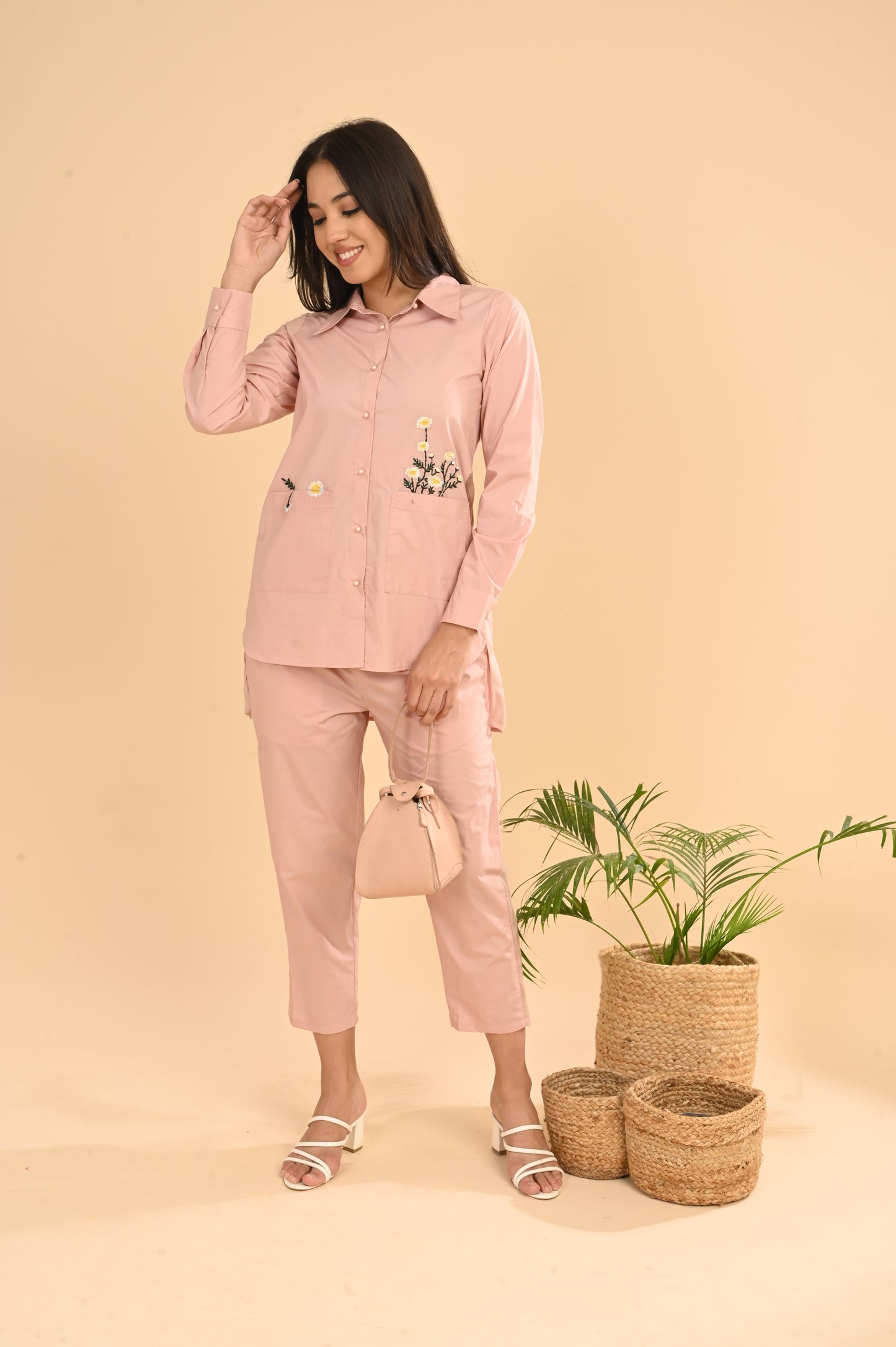 Cord Set In Pink Peach with Emb
