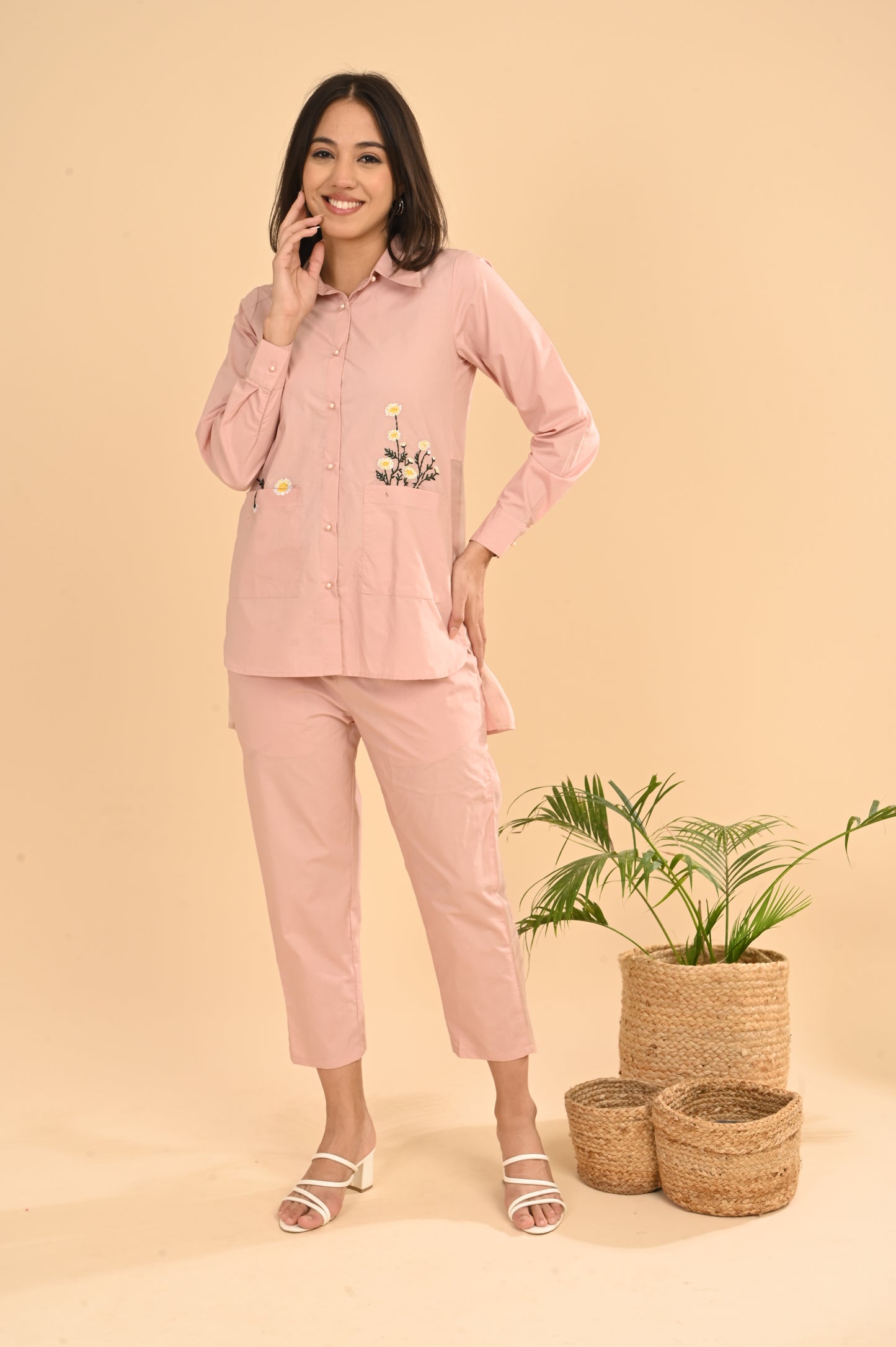 Cord Set In Pink Peach with Emb
