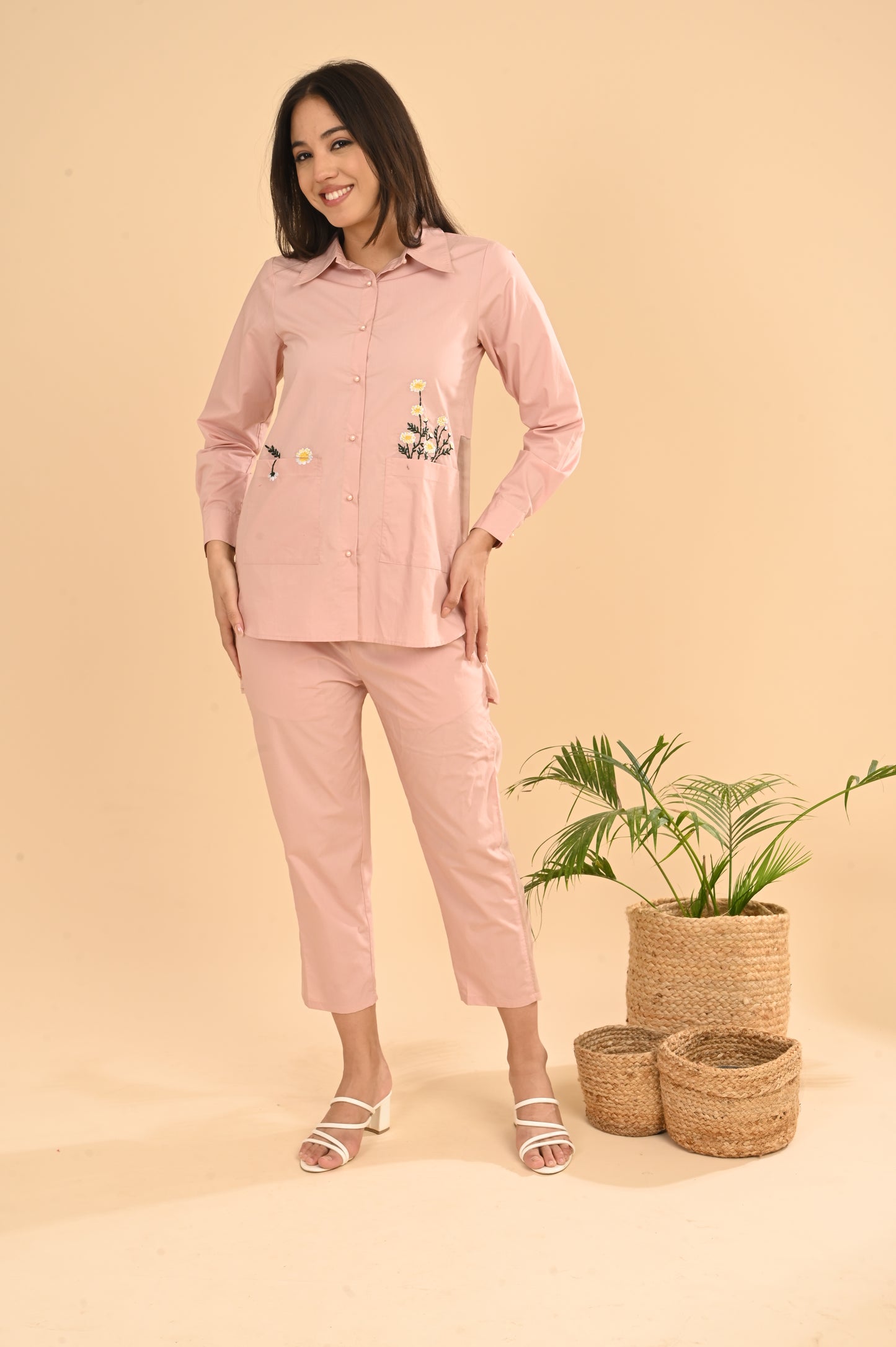 Cord Set In Pink Peach with Emb