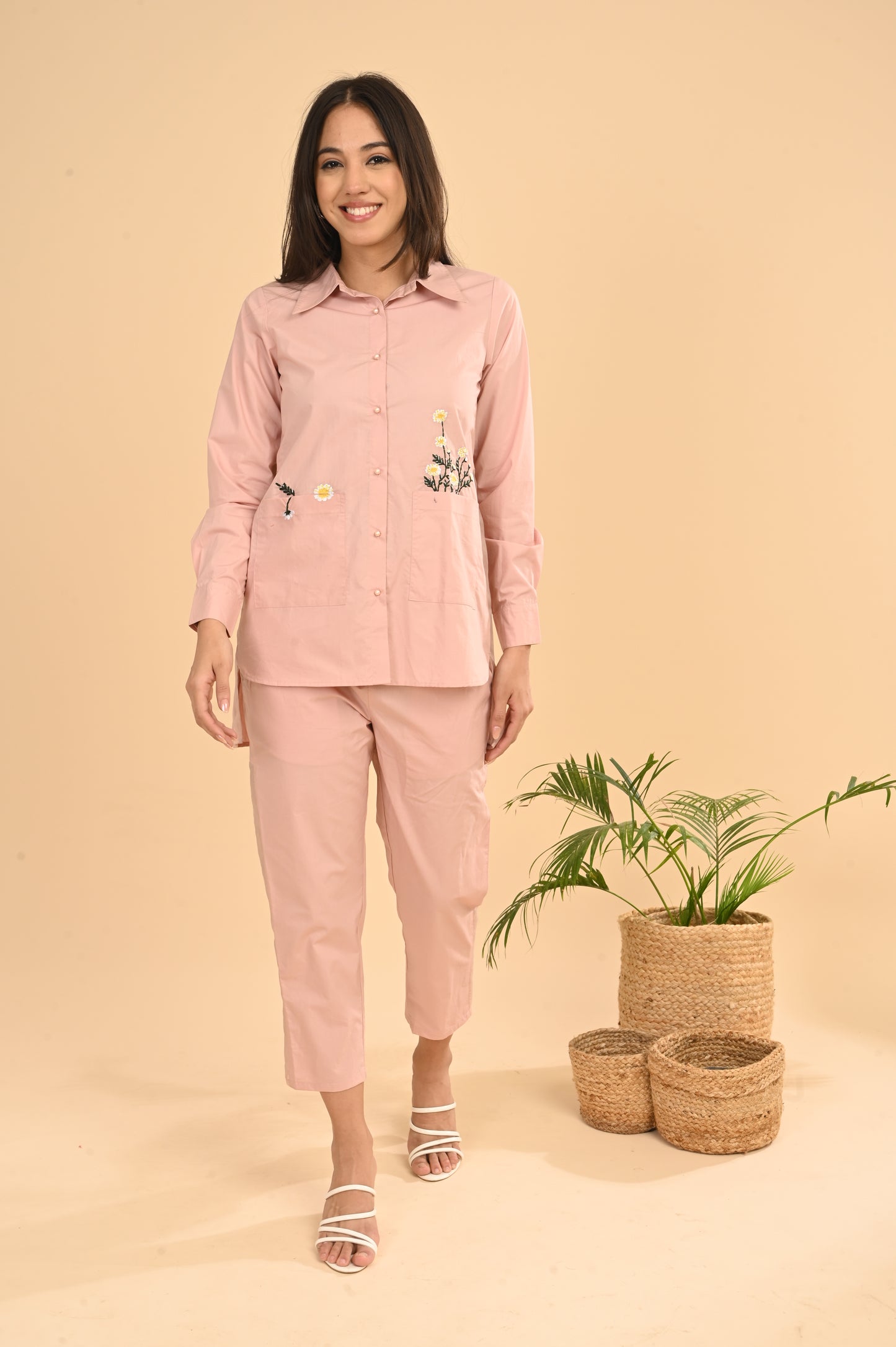 Cord Set In Pink Peach with Emb
