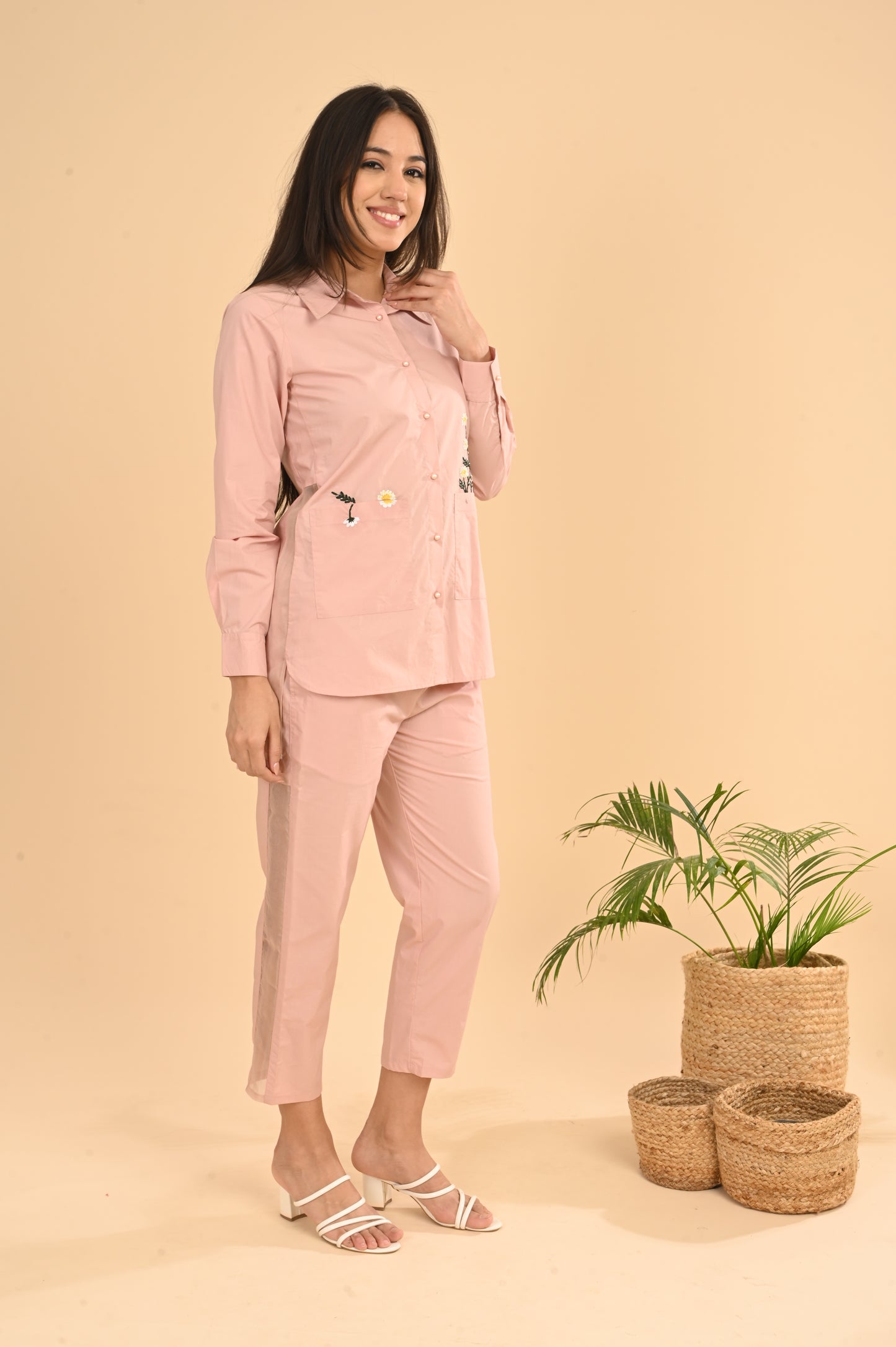 Cord Set In Pink Peach with Emb