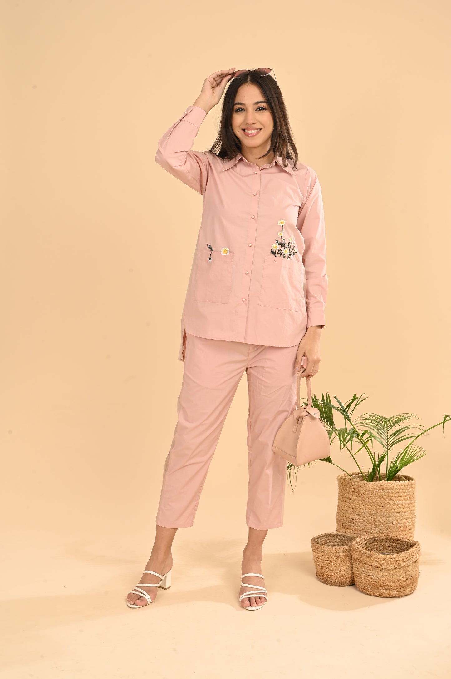 Cord Set In Pink Peach with Emb