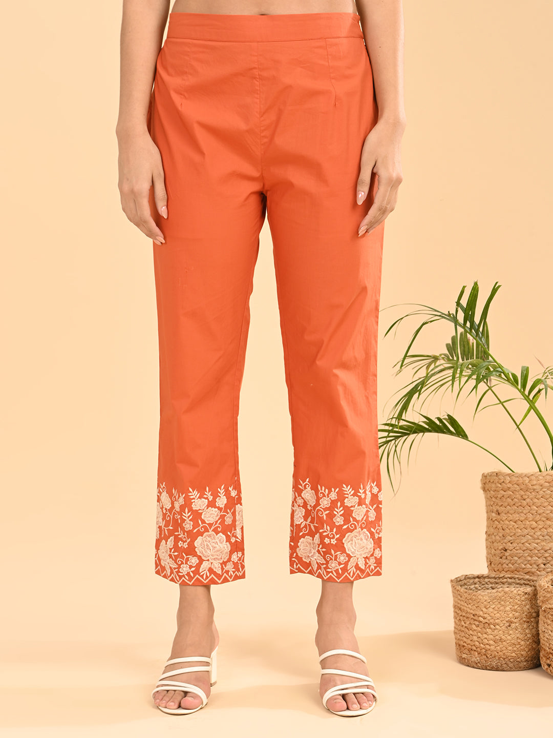 Orange Embroidered Co-Ord Set for Women | Collared Shirt & straight Pants