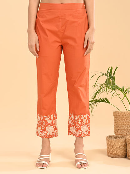 Orange Embroidered Co-Ord Set for Women | Collared Shirt & straight Pants