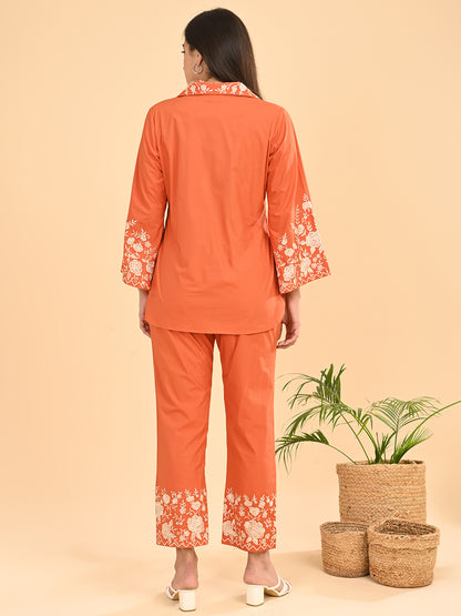 Orange Embroidered Co-Ord Set for Women | Collared Shirt & straight Pants