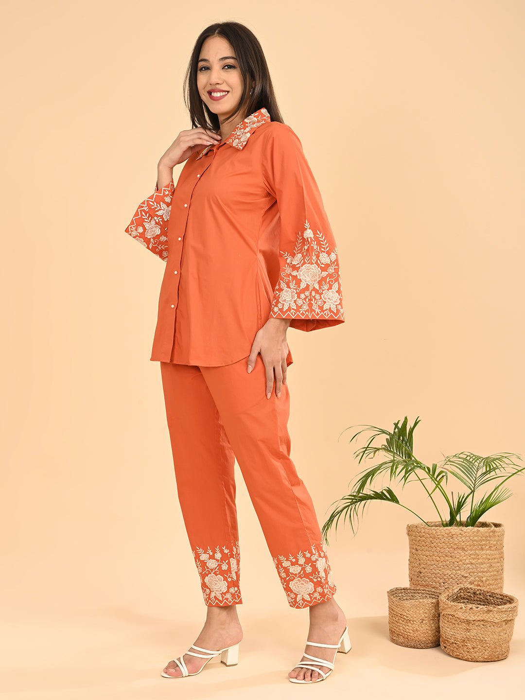 Orange Embroidered Co-Ord Set for Women | Collared Shirt & straight Pants