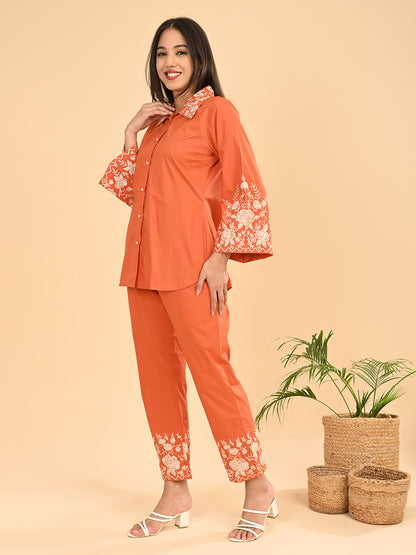 Orange Embroidered Co-Ord Set for Women | Collared Shirt & straight Pants