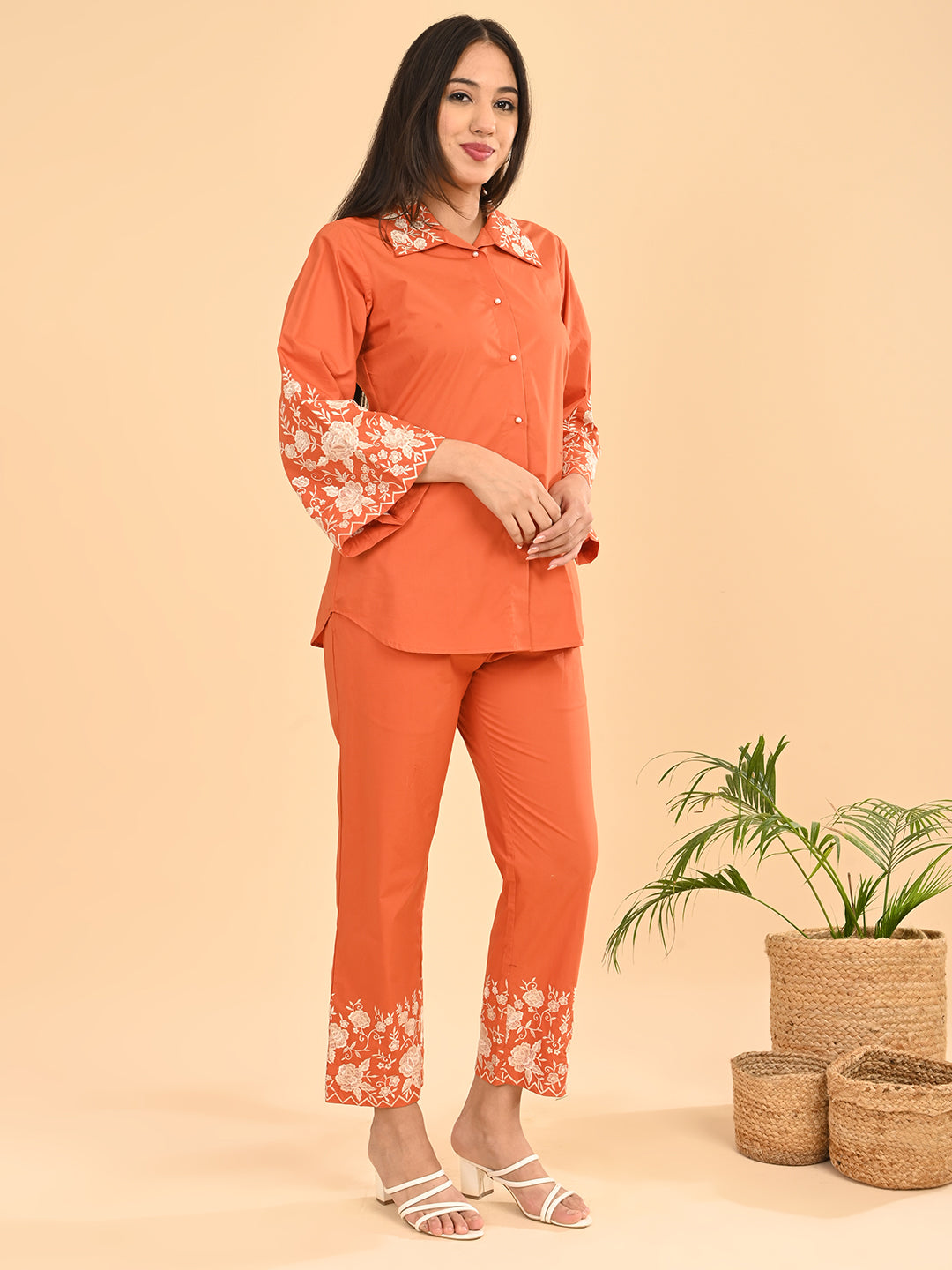 Orange Embroidered Co-Ord Set for Women | Collared Shirt & straight Pants
