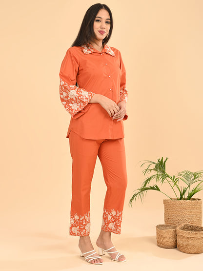 Orange Embroidered Co-Ord Set for Women | Collared Shirt & straight Pants