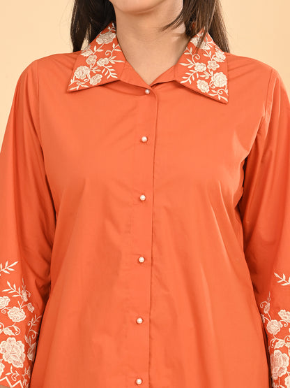 Orange Embroidered Co-Ord Set for Women | Collared Shirt & straight Pants