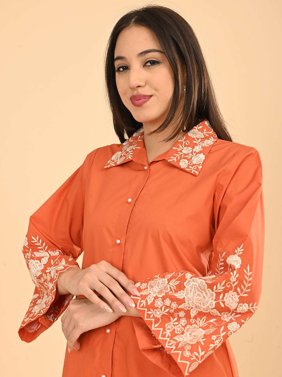 Orange Embroidered Co-Ord Set for Women | Collared Shirt & straight Pants
