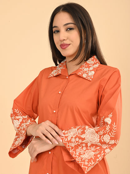 Orange Embroidered Co-Ord Set for Women | Collared Shirt & straight Pants