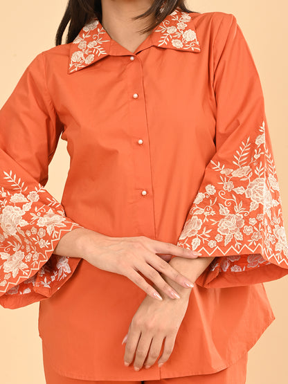 Orange Embroidered Co-Ord Set for Women | Collared Shirt & straight Pants