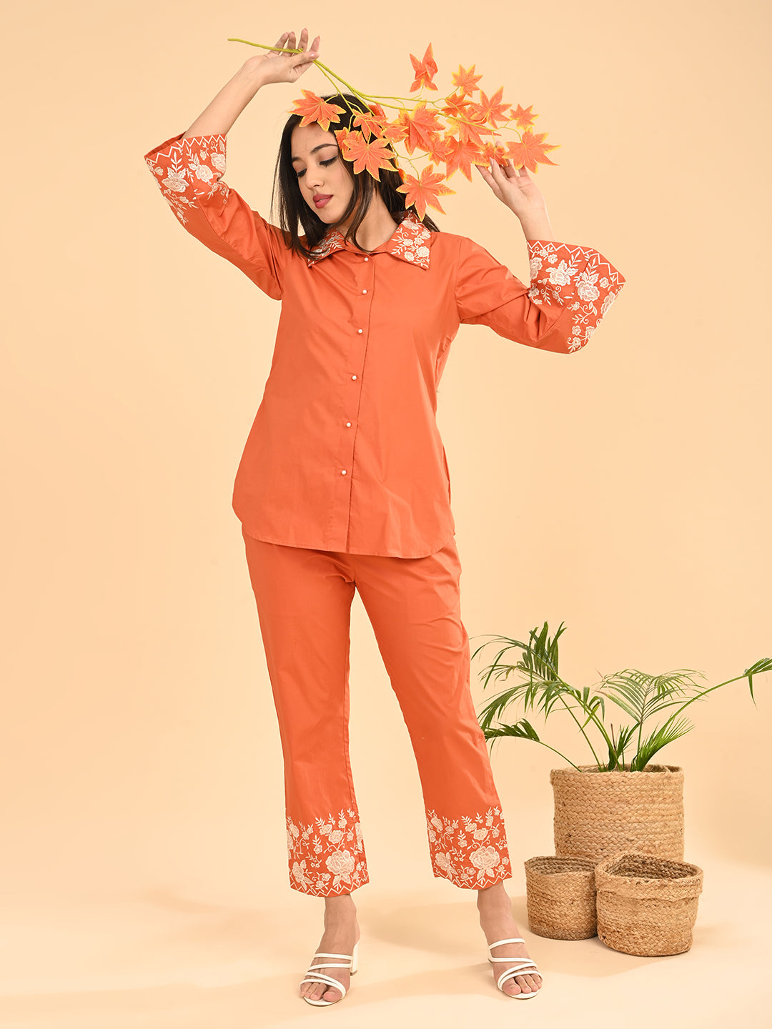 Orange Embroidered Co-Ord Set for Women | Collared Shirt & straight Pants