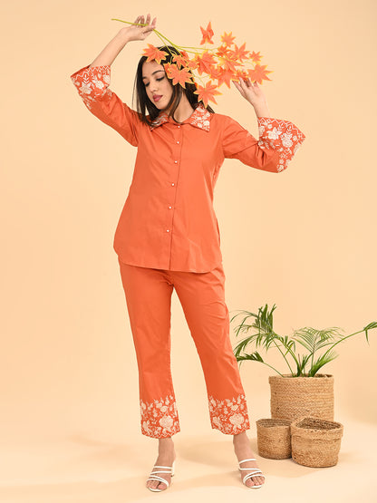 Orange Embroidered Co-Ord Set for Women | Collared Shirt & straight Pants