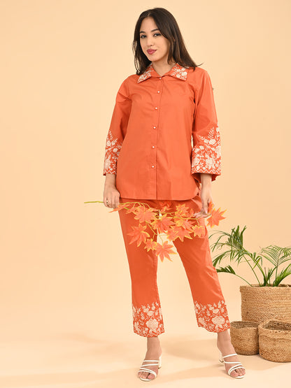 Orange Embroidered Co-Ord Set for Women | Collared Shirt & straight Pants
