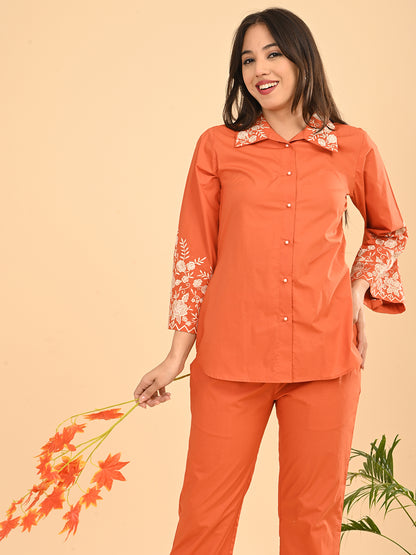 Orange Embroidered Co-Ord Set for Women | Collared Shirt & straight Pants