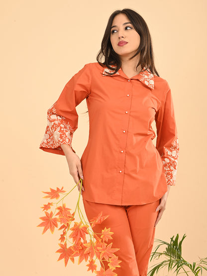 Orange Embroidered Co-Ord Set for Women | Collared Shirt & straight Pants