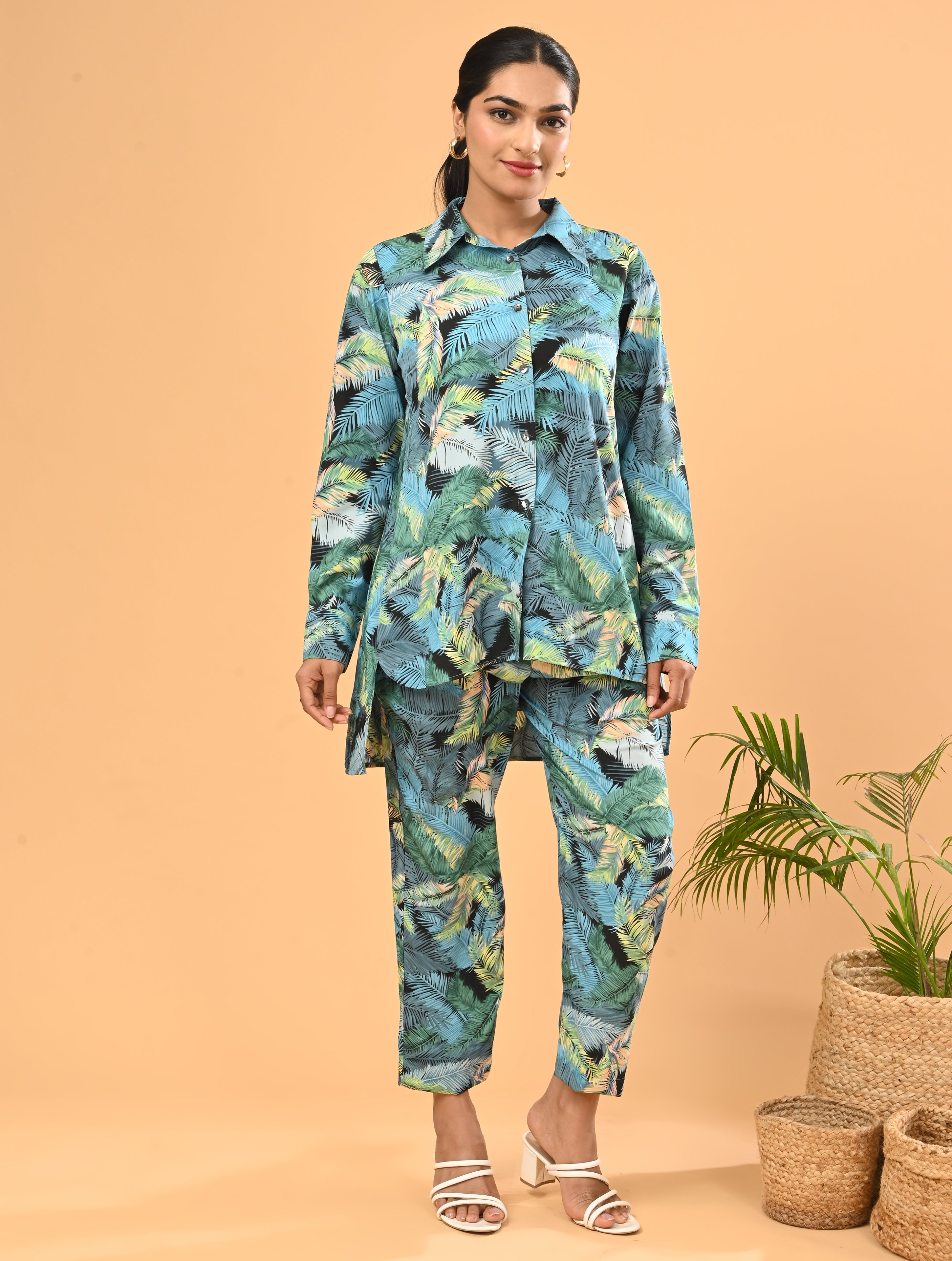 Blue Tropical Print Cotton Co-Ord Set