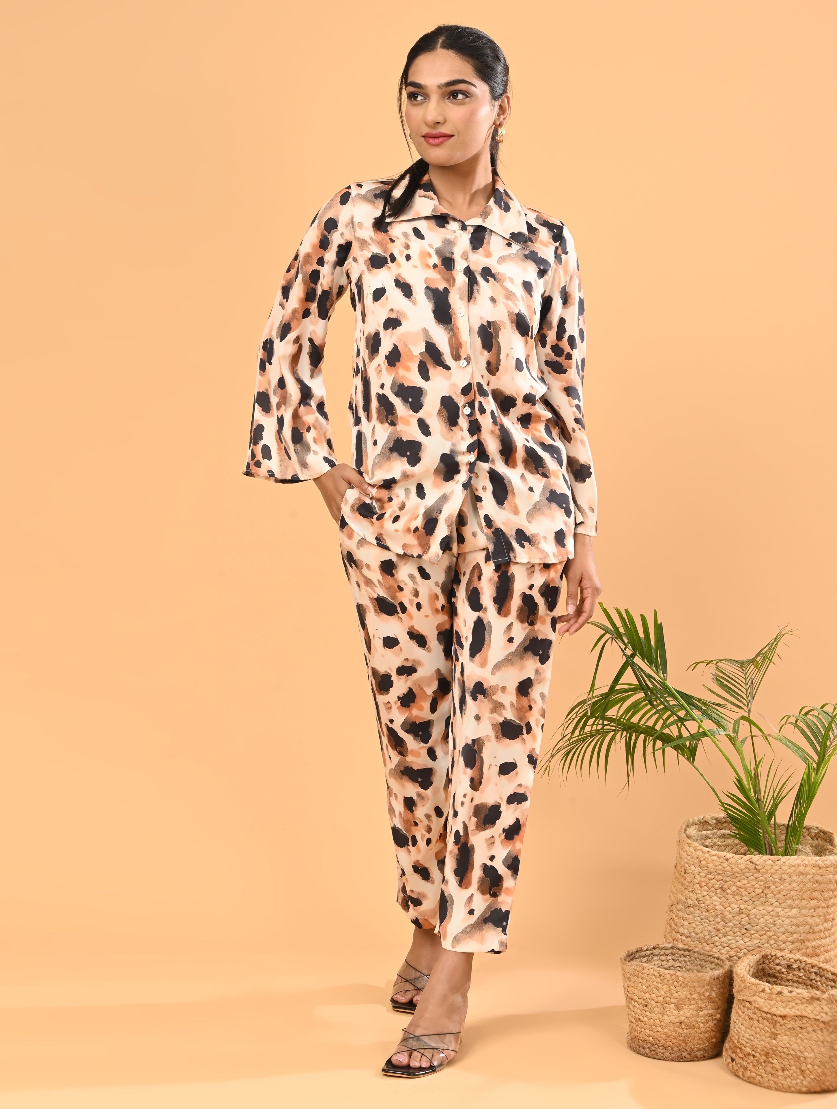 Beige Animal Print Cotton Co-Ord Set